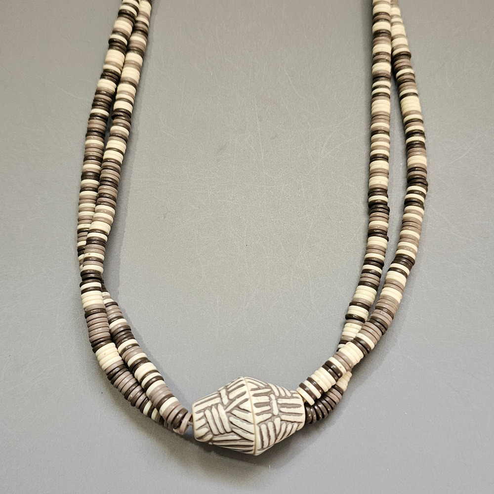 Avon Sirocco Double Strand Necklace Cream, Taupe, Gray Beads Tribal 1988 Vintage